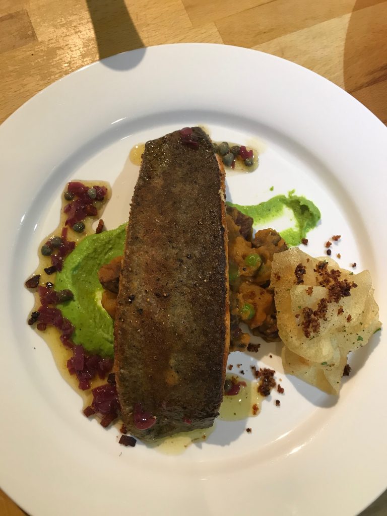 20190425 - Pan-fried Fillet of Scottish Trout with Chorizo Fricassee and Peas