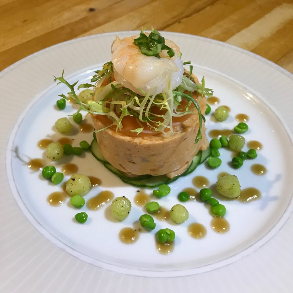 20190430 - Smoked Salmon Mouse with Prawns and Pea Dressing