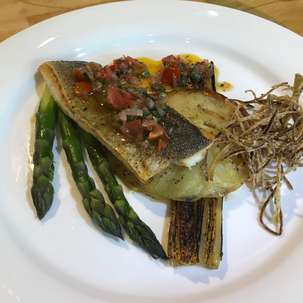 20190611 - Sea Bass with Sauce Vierge and Charred Leeks