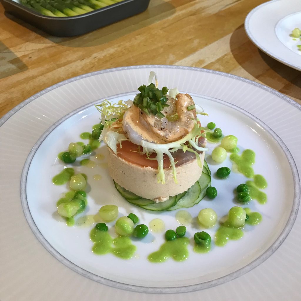 20190611 - Smoked Salmon Mousse with Prawns, Cucumber and Pea Dressing