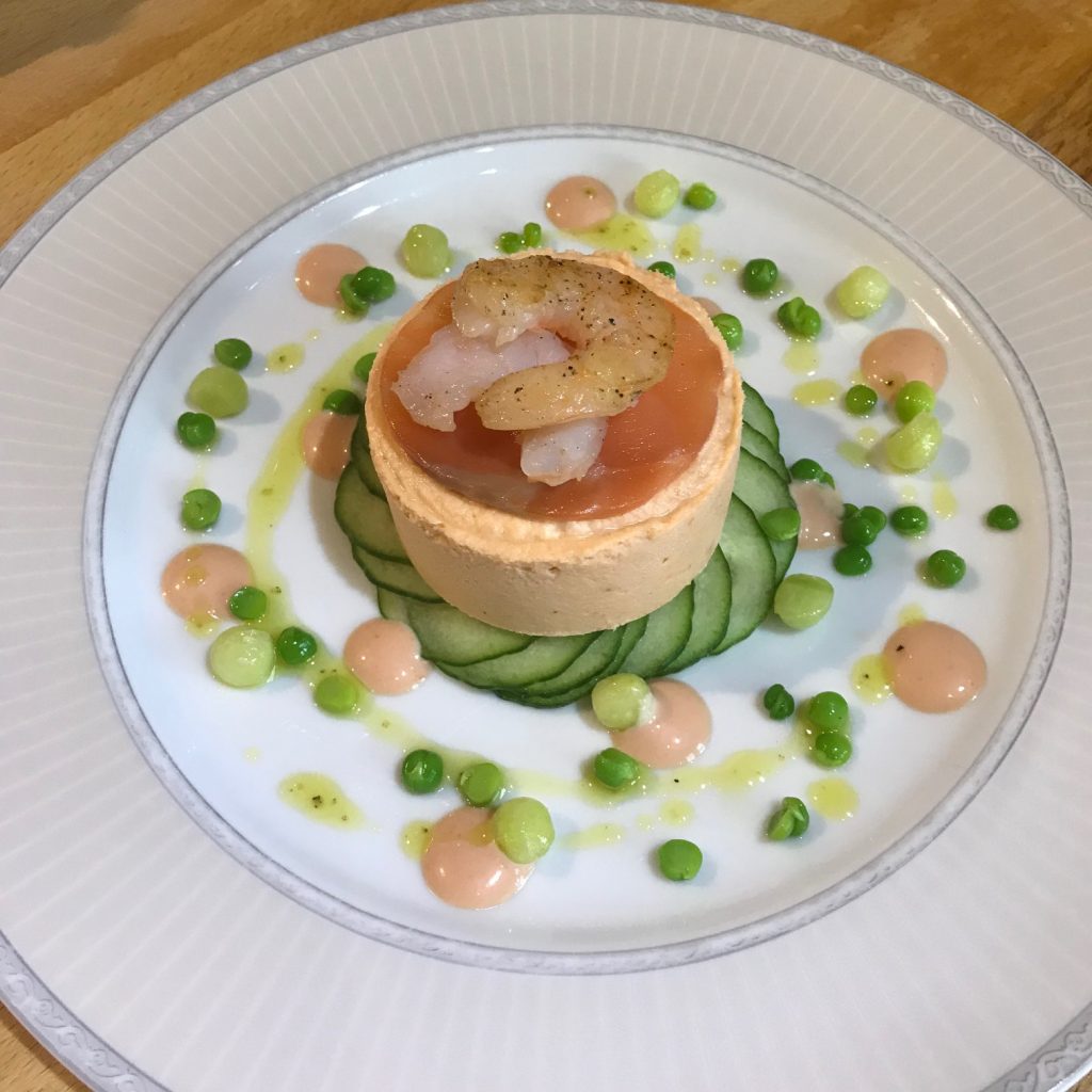 20190701 - Smoked Salmon Mousse with Prawns, Cucumber and Pea Dressing