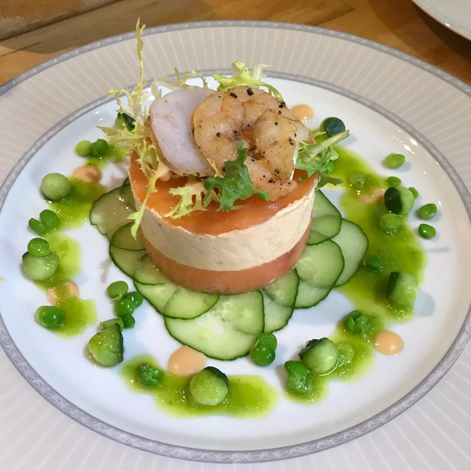 20190813 - Smoked Salmon Mousse with Prawns, Cucumber and Pea Dressing