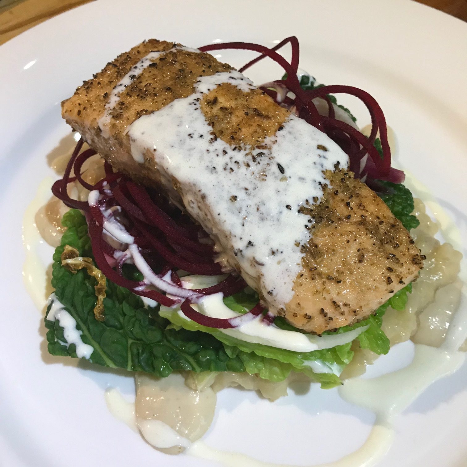 20190815 - Salmon with Creamed Barley, Savoy Cabbage & Horseradish