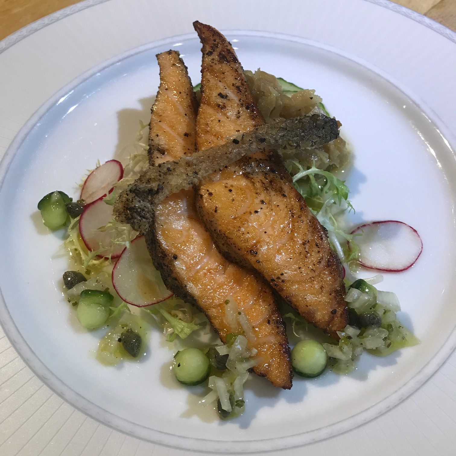 20190912 - Seared Black Peppered Salmon with Cucumber Pickle